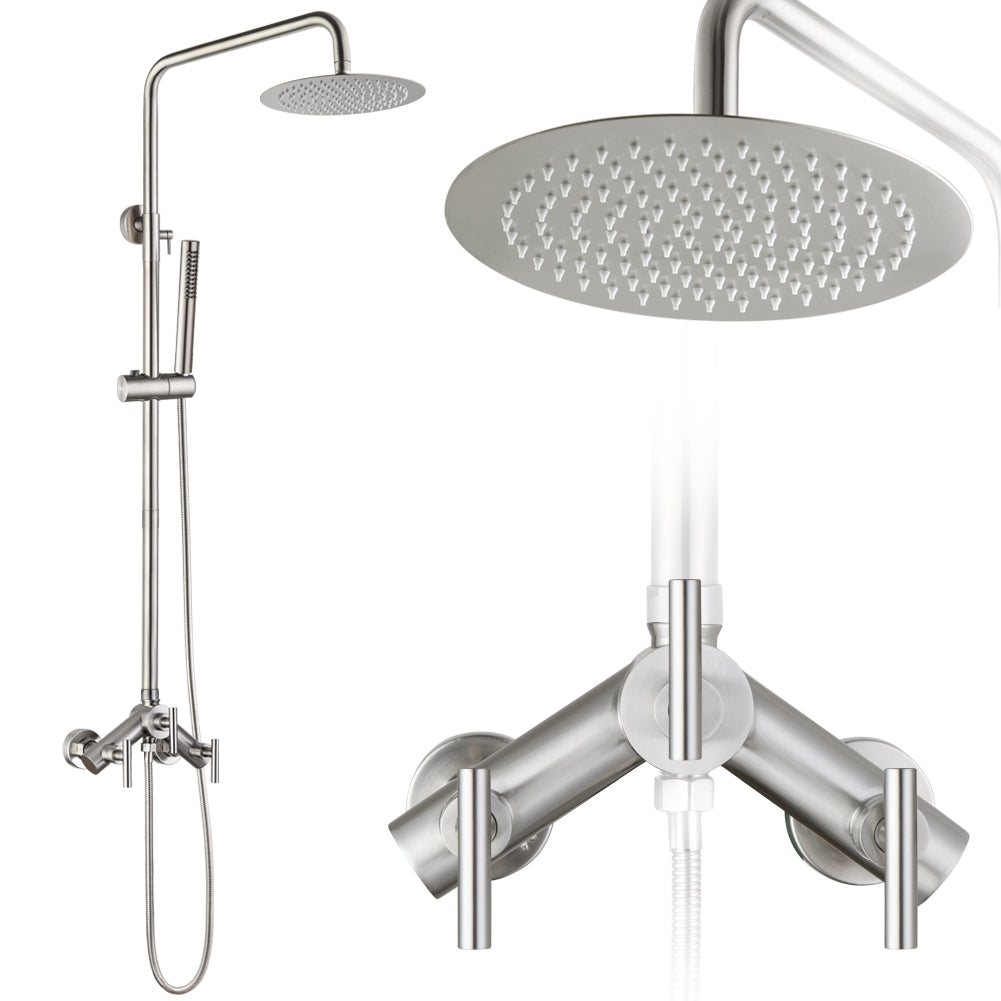 Premium Brushed Nickel Outdoor & RV Shower System | Stainless Steel Rainfall & Handheld Combo