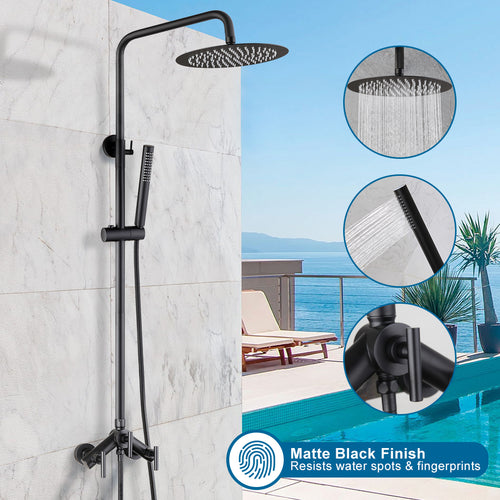 Premium Matte Black Outdoor & RV Shower System | Stainless Steel Rainfall & Handheld Combo
