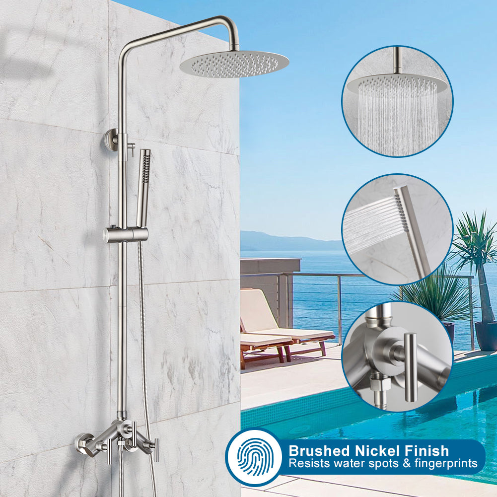Premium Brushed Nickel Outdoor & RV Shower System | Stainless Steel Rainfall & Handheld Combo