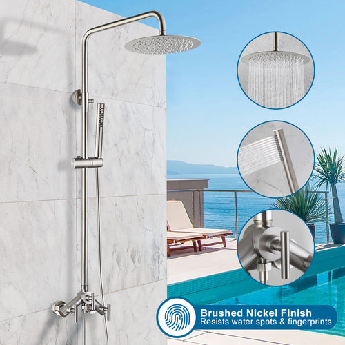 Premium Brushed Nickel Outdoor & RV Shower System | Stainless Steel Rainfall & Handheld Combo